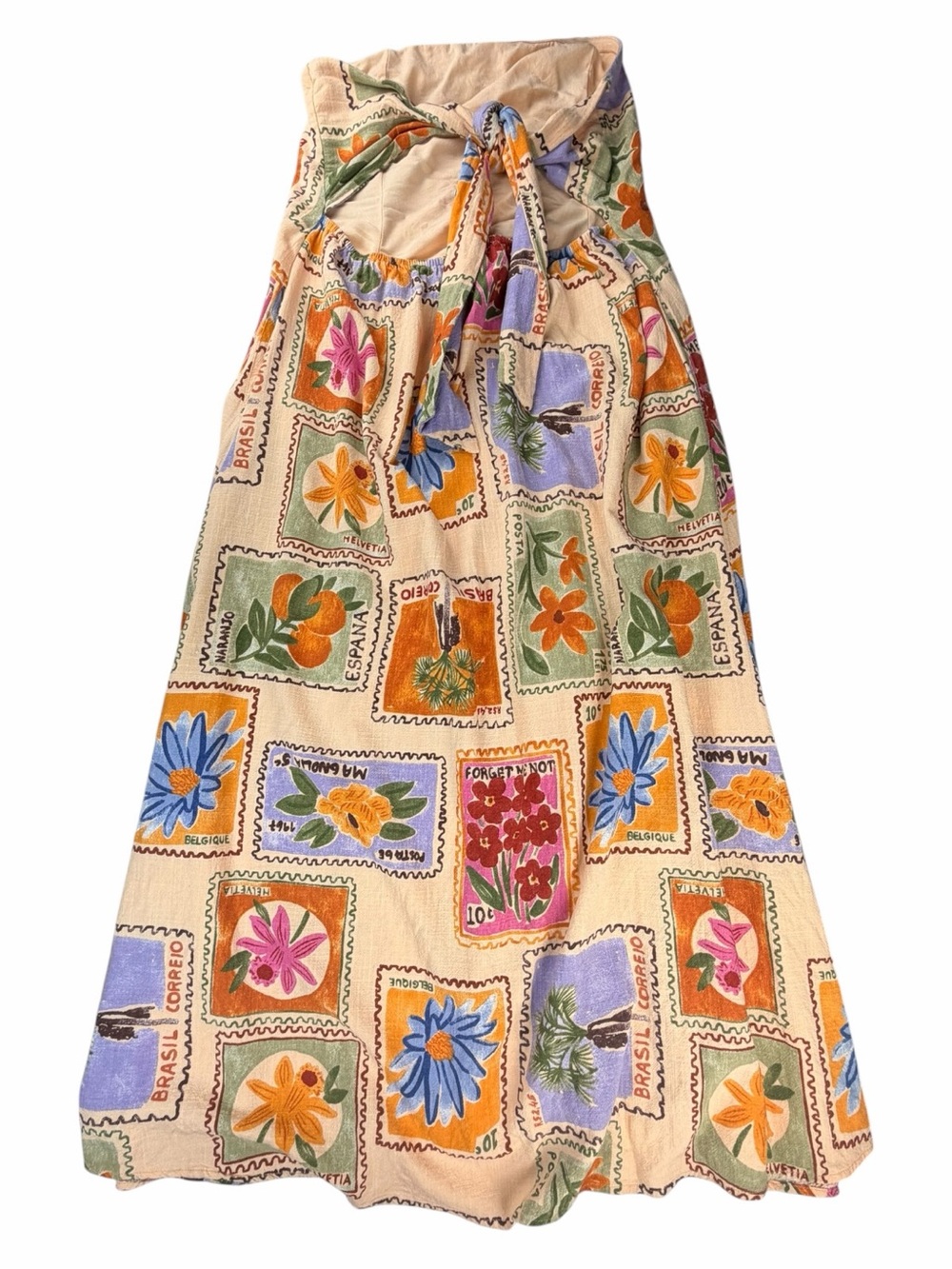 Anthropologie Paper Hearts Strapless Linen Blend Postcard-Stamp Maxi Dress Large - Picture 6 of 9